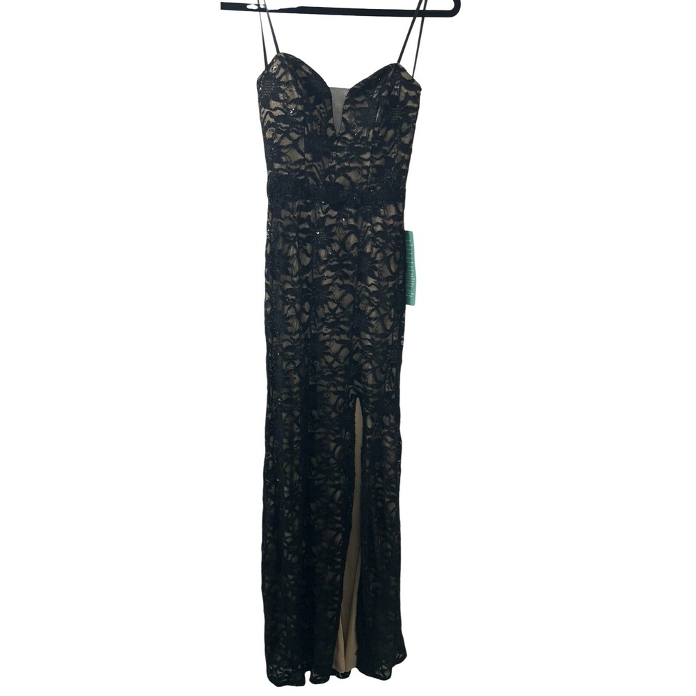 B. Smart Sequin Lace Maxi Dress 5 Black Tan Slit Formal Evening Gown Prom Glam